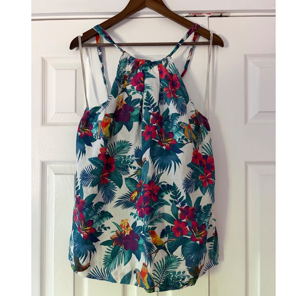 Tommy Bahama Womens Medium Linen Halter Top Tropical Bird Floral Print Tank